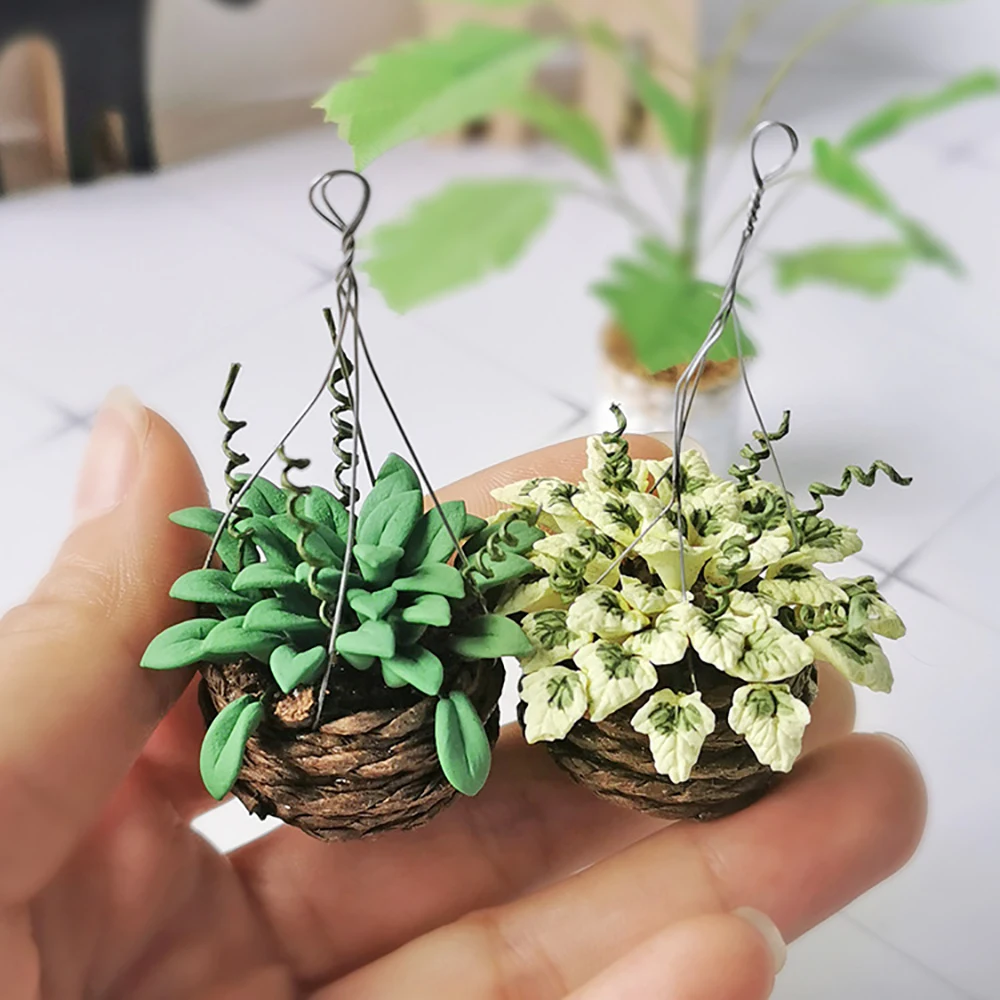 Terracotta Pot - 1/12ตุ๊กตา House Miniature Green Potted พืชจำลองแขวนดอกไม้ของเล่นสำหรับ